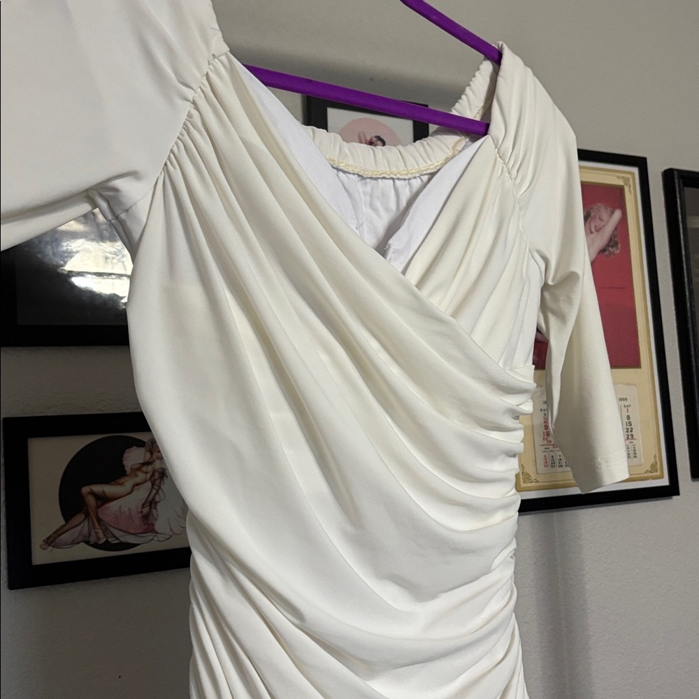Pinup Couture Cream Ruched V-Neck Midi Dress - Picture 4 of 7